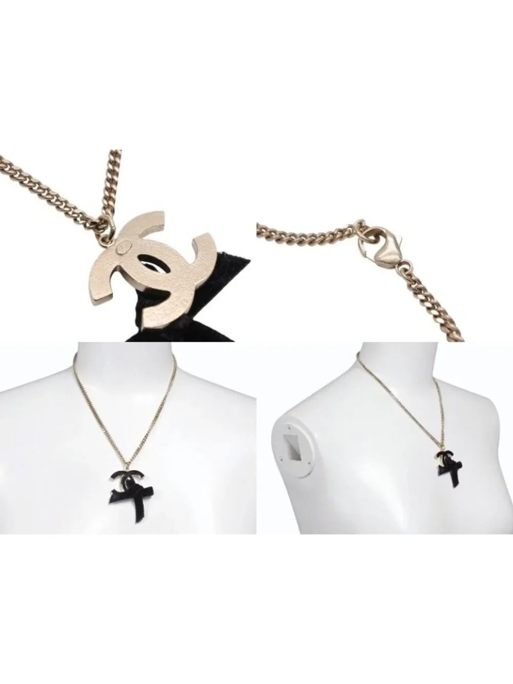 Chanel CC Logo Ribbon Necklace Metal Black Gold